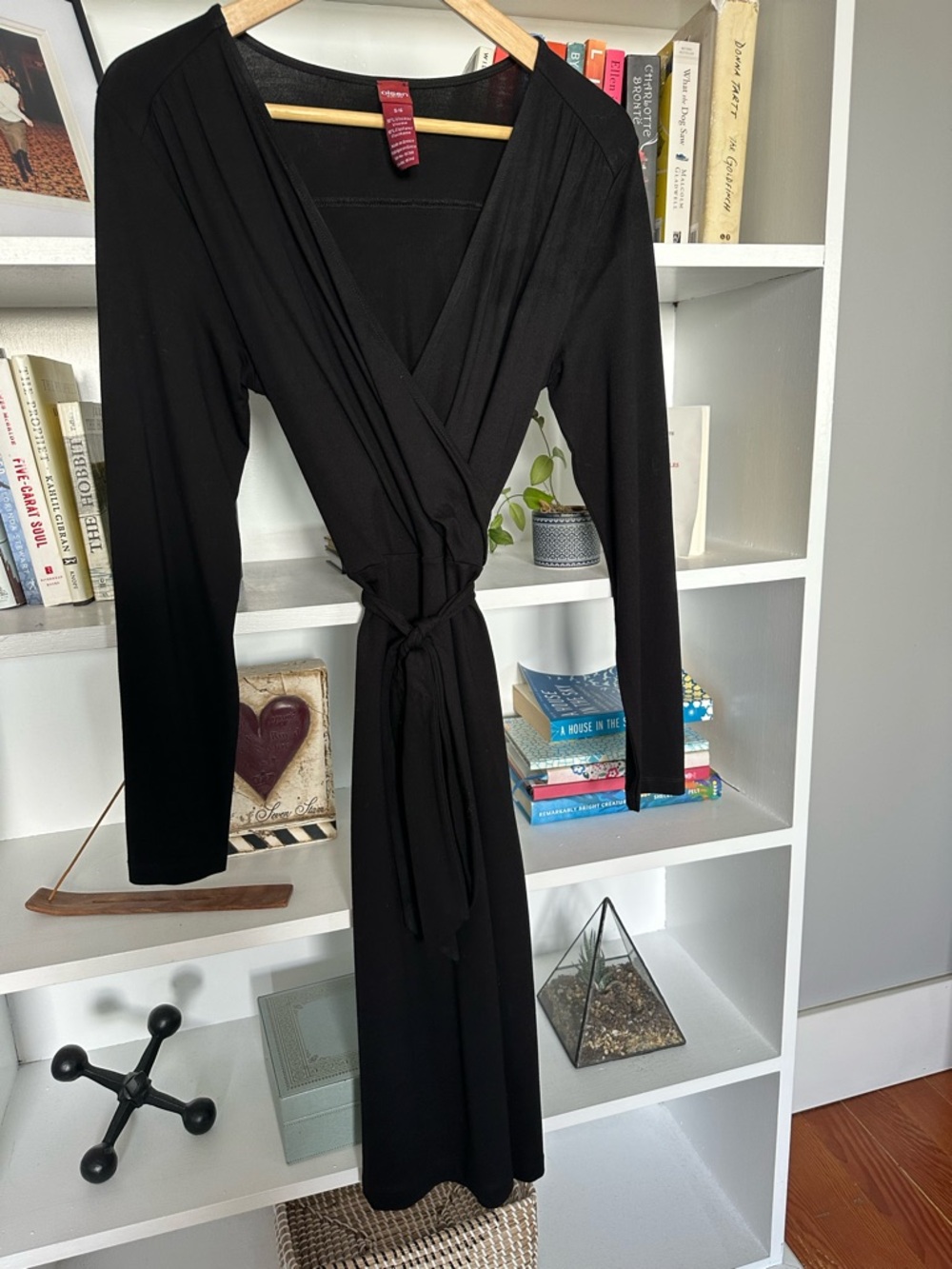 Black Wrap-Front Midi Dress with Tie Waist